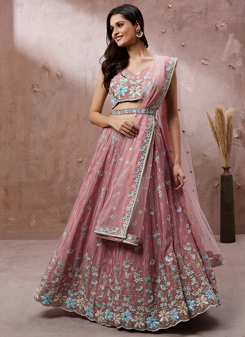 Buy Coral Pure Georgette Sequins Wedding Lehenga Choli Online USA
